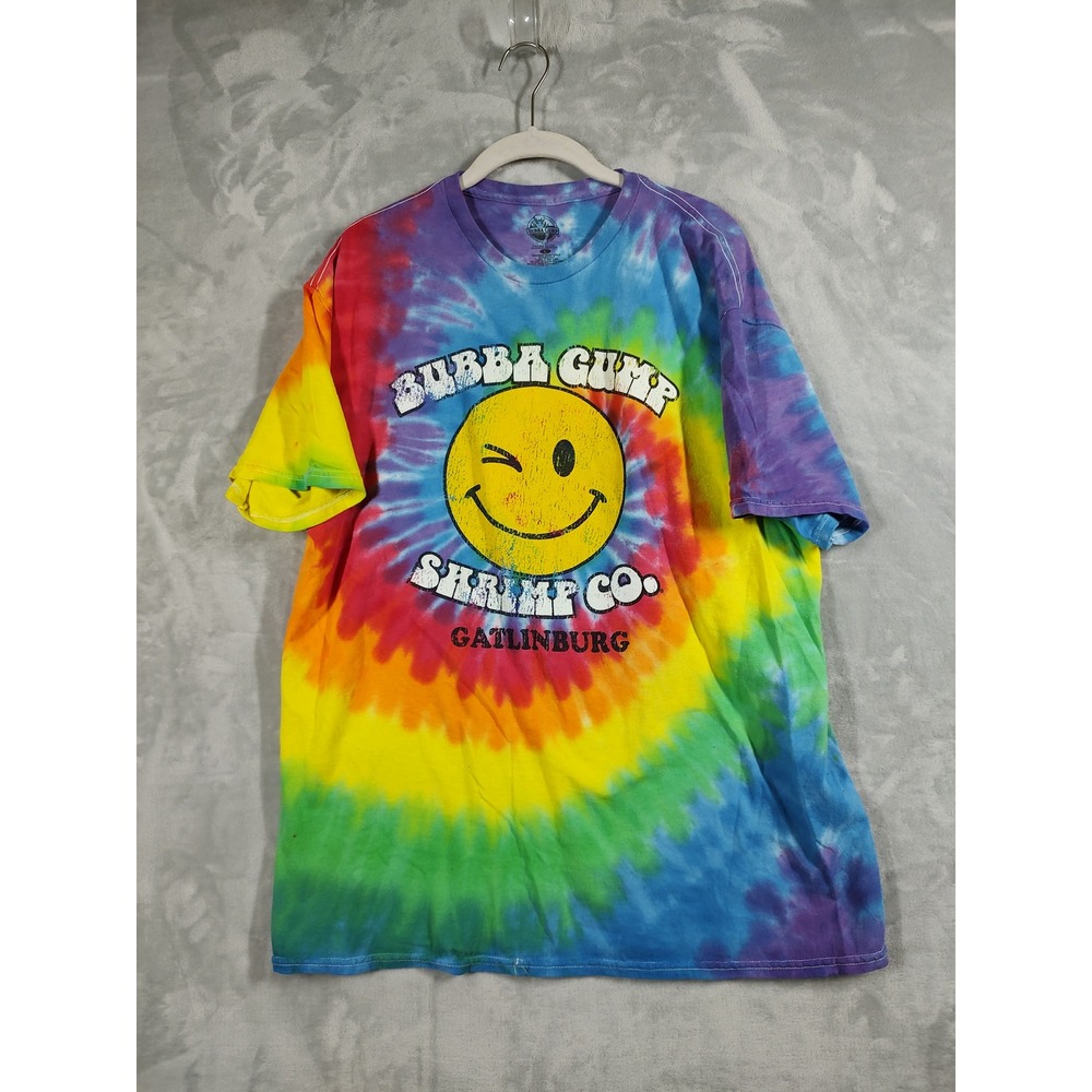 Bubba Gump Shrimp Co Gatlinburg Tie Dye Smiley Face Graphic T-Shirt Sz L Rainbow
